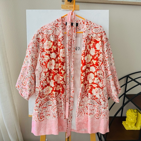 NWT Zara Linen Blend Printed Floral Kimono sz M - Picture 3 of 6
